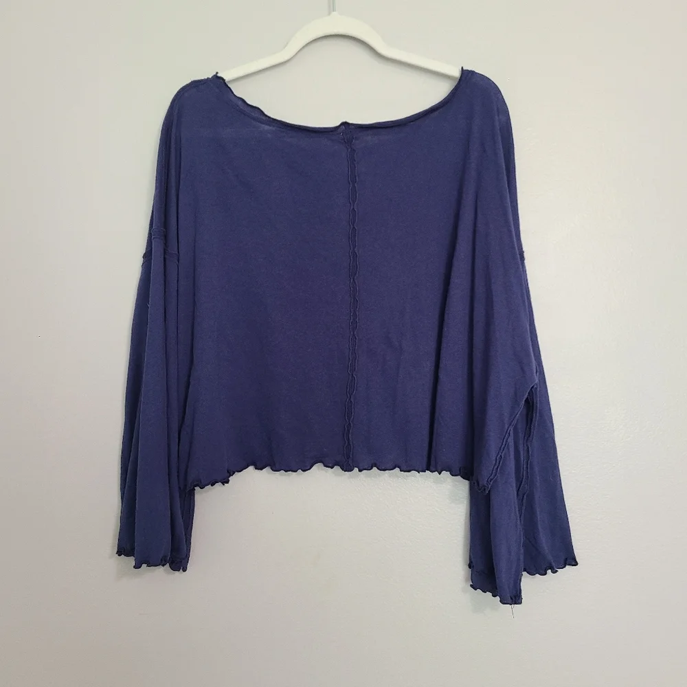 Free People Bird Gang Cropped Oversized Bell Sleeve Beachy Blue Cotton Tee L